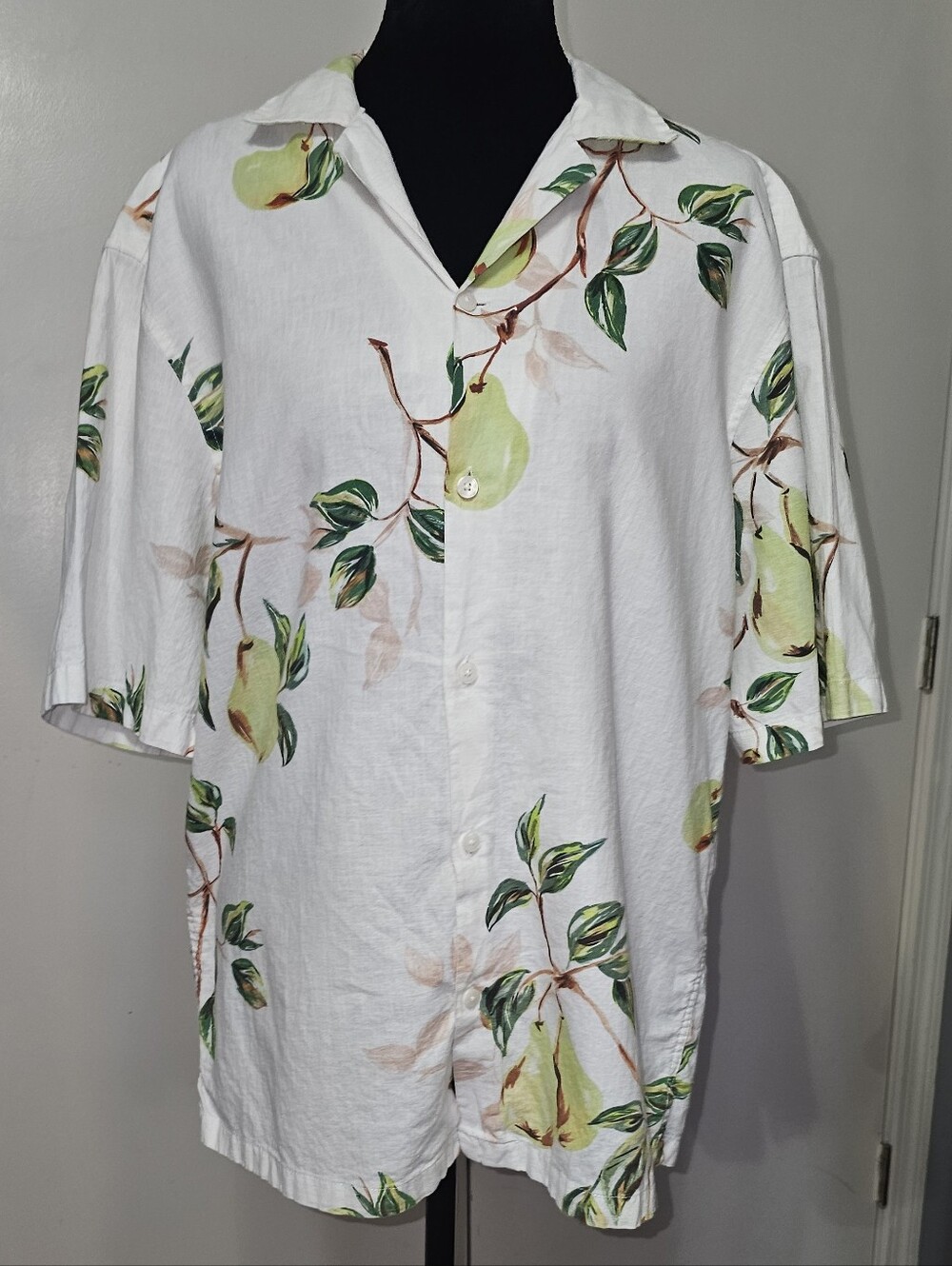 Zara Pear Print Short Sleeve Button-Down Linen Shirt Sz Med Unisex